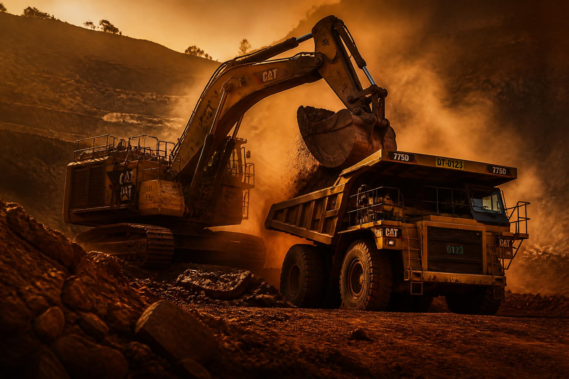 Mining excavator loading a haul truck at a Ghanaian open-pit gold mine